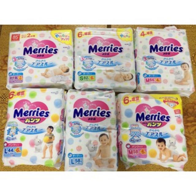 Bỉm MERRIES Newborn SS90, S82, M64 dán, M58 quần, L54 dán, L44 quần , XL 44 dán, XL 38 quần.