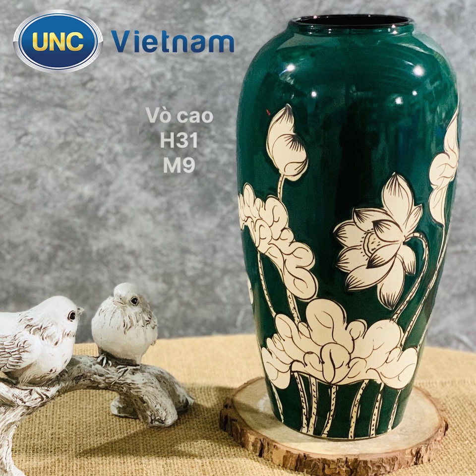 Lọ Hoa Sứ UNC Việt Nam - Men lục bảo cao cấp, họa tiết hoa sen, kiểu dáng sang trọng phong cách Châu Âu, nhiều size