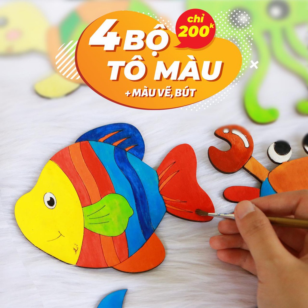 Combo 4 bộ tranh tô màu(tặng kèm màu tô+2 bút lông)