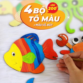 Combo 4 bộ tranh tô màu(tặng kèm màu tô+2 bút lông)