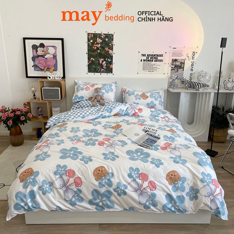 Bộ vỏ chăn ga gối Maybedding drap giường chất poly cotton bọc đệm lò xo không kèm ruột chăn gối