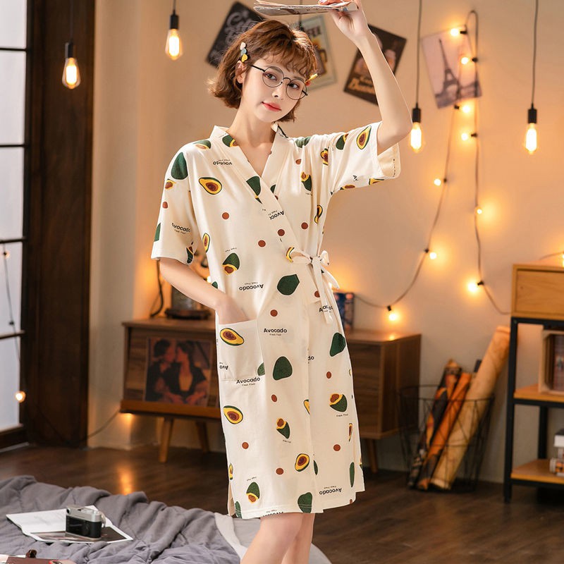 Đầm Ngủ Cotton Kiểu Kimono Nhật Bản Thời Trang Xuân Thu Cho Nữ