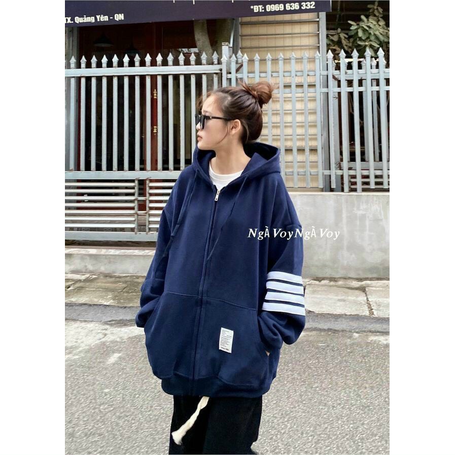 Áo Hoodie Nỉ ngoại  Nữ có nón tay 3 sọc From Rộng chất Vải Dày Dặn Ấm Áp - Minastore