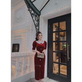 Đầm body nhung phối cổ ren