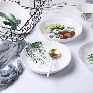 Dĩa tròn chất liệu sứ 20.6cm hoạ tiết lá cây Bắc Âu.