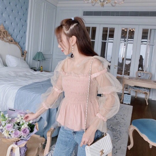 Áo hồng tiểu thư tay phồng hở vai croptop ulzzang hàn quốc Lina Top