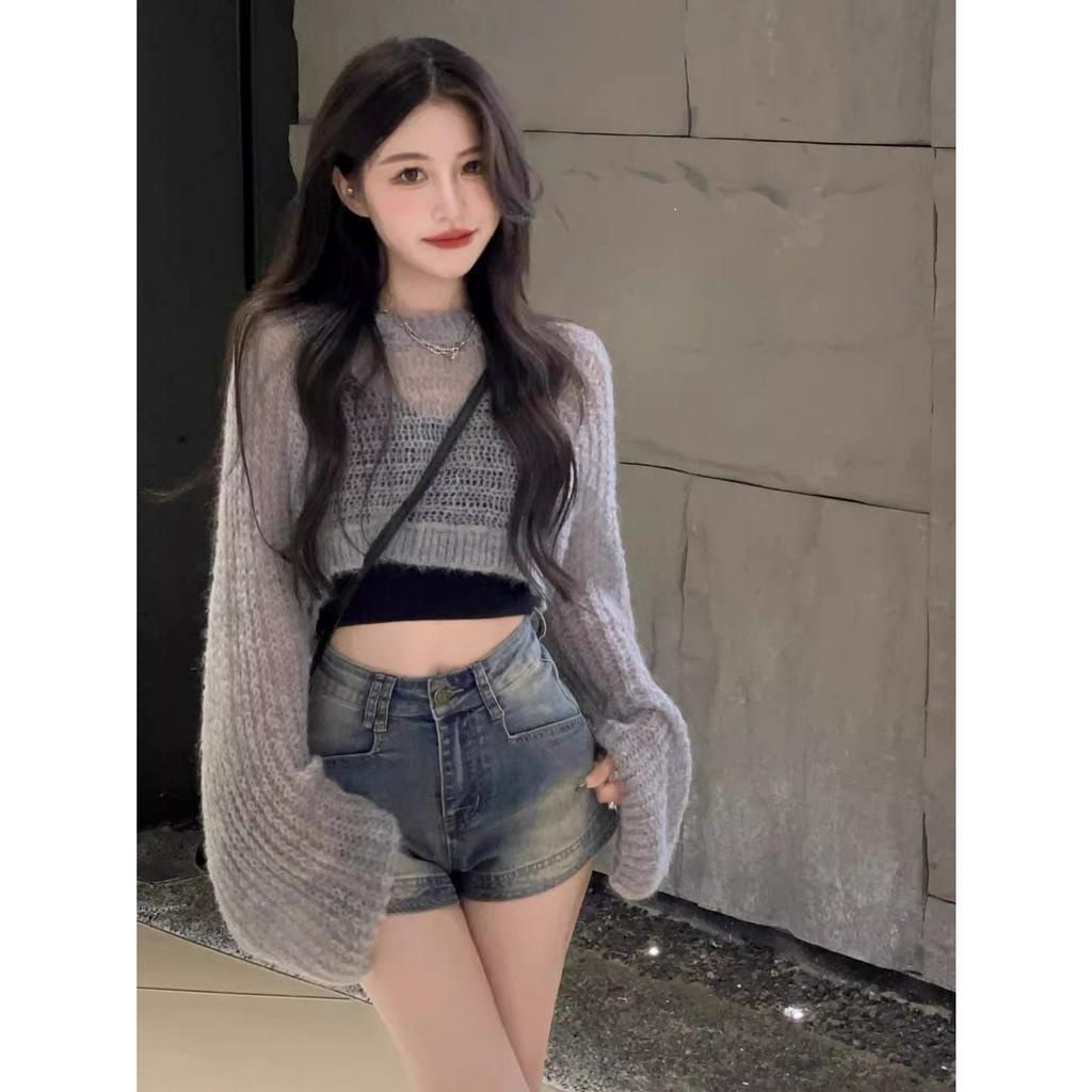 Xiaozhainv Quần Short Denim Lưng Cao Dáng Chữ A Phong Cách Retro Hàn Quốc Cho Nữ