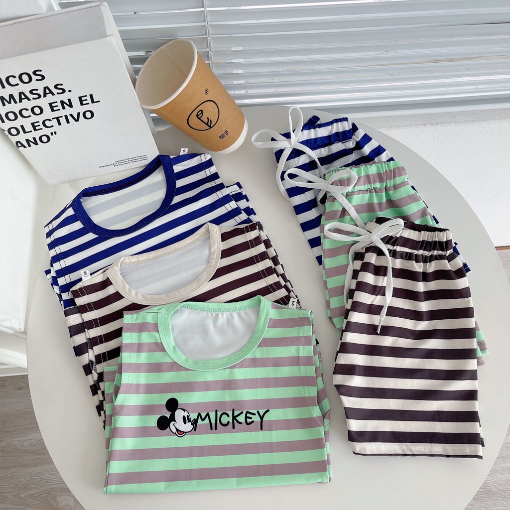Bộ Sát Cho Bé Gái, Bộ Ba Lỗ Kẻ In Hình Micky Cho Bé Trai Bé Gái Chất Cotton Thun Lạnh từ 7-28 kg - LILA KIDS