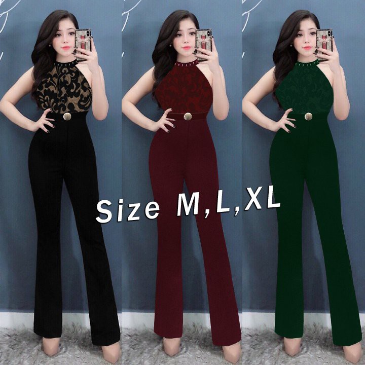 Jumpsuit dài ống suông cổ yếm đính hột phối ren kèm belt thiết kế cao cấp