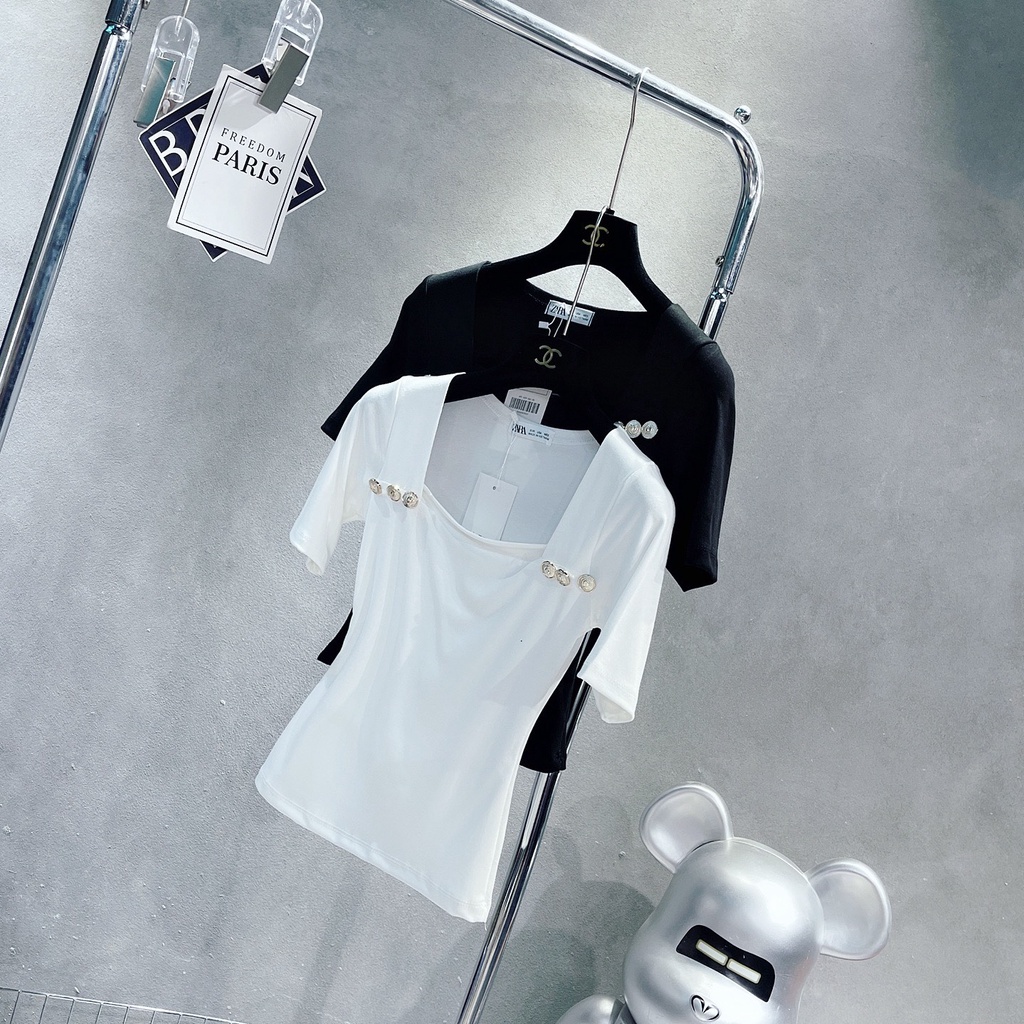 Áo Phông Cổ Vuông Cúc Ngực Chất Cotton Dẻo Lên Dáng Sang Chảnh Dễ Mix Đồ 153