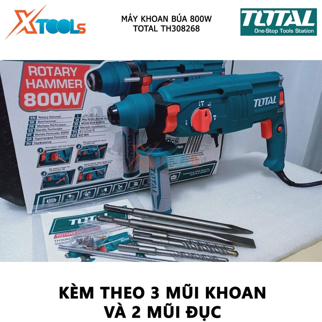 Máy khoan búa cầm tay 3 chức năng 800w TOTAL TH308268 tốc độ 1100 rpm, tốc độ búa 4000bpm, lực đập 2.5j, khả năng khoan