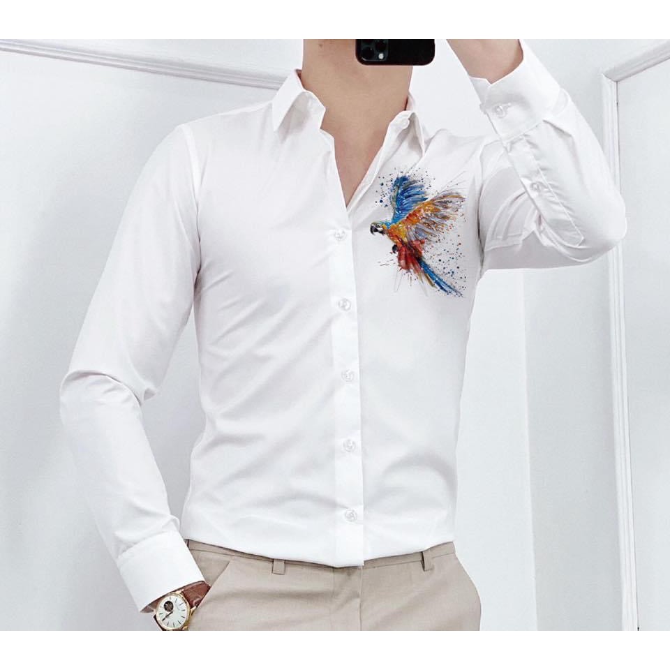 ÁO SƠ MI NAM, ÁO CẶP ĐÔI NAM NỮ DÀI TAY TRẮNG KATE LỤA IN HÌNH ĐẠI BÀNG FORM BODY HÀN QUỐC MẪU MỚI | BigBuy360 - bigbuy360.vn