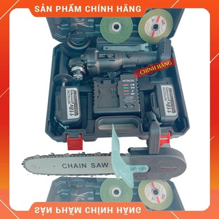 Máy cắt cầm tay dùng pin Hitachi 118v, 2 pin 20000mAh, không chổi than, tặng lưỡi cưa xích cắt gỗ và đá cắt, đá mài [CAM
