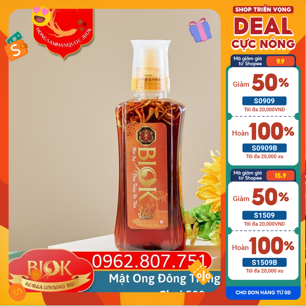 Mật ong đông trùng hạ thảo BIOK chai 500ml, Thức uống hỗ trợ nâng cao sức khỏe, Nấm đông trùng hạ thảo ngâm mật ong