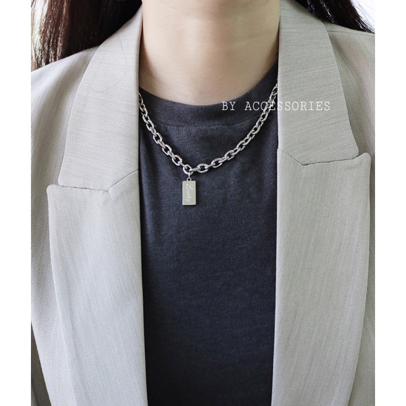 Dây chuyền titan xích tròn vát cạnh phối mặt chữ nhật Lucky không gỉ