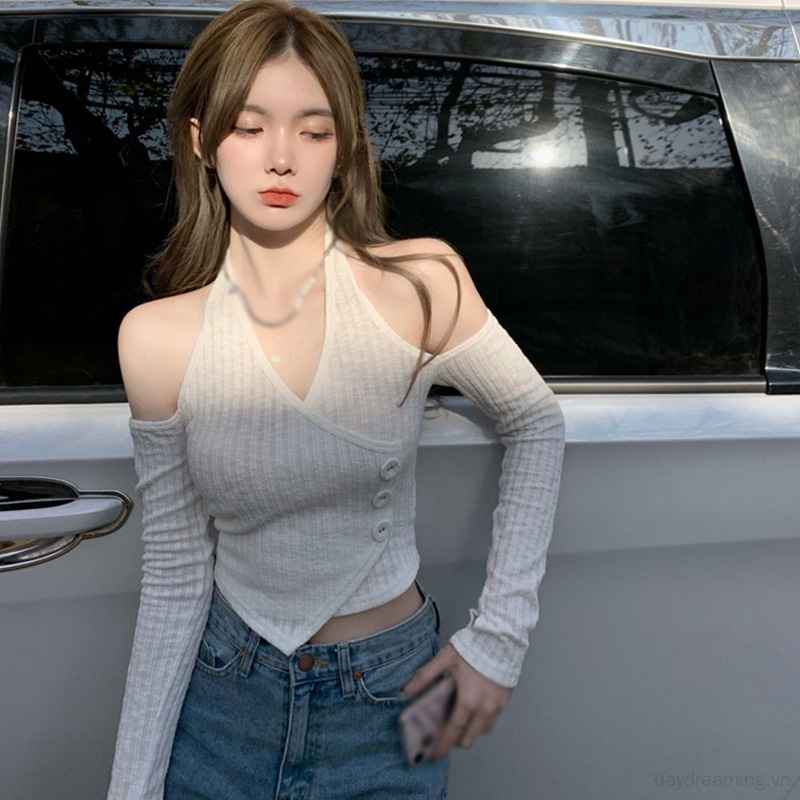Áo Croptop Trễ Vai Tay Dài Màu Sắc Trơn Thiết Kế Quyến Rũ Dành Cho Nữ
