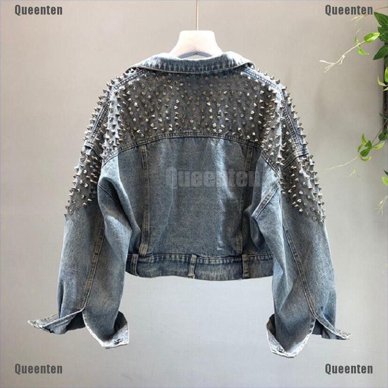 ★Queen★Solid Turn-down Collar Jean Rivet Jacket Women Loose Casual Coats Denim Outwear