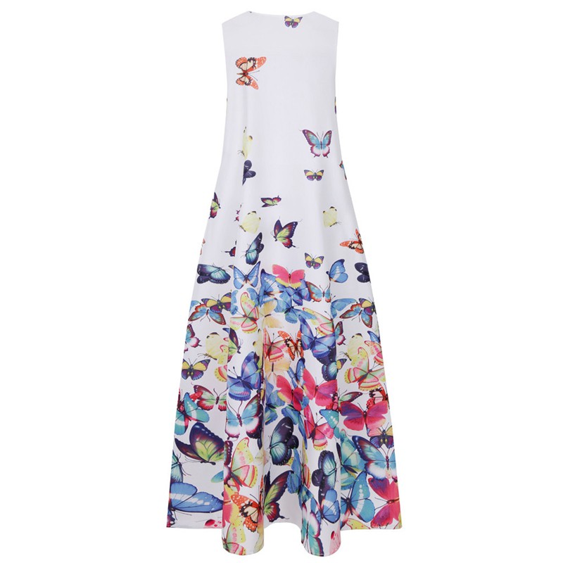 Summer Dress Sleeveless Butterfly Print Maxi Dresses Vintage Women Party Robe Beach Shirt Dress White S