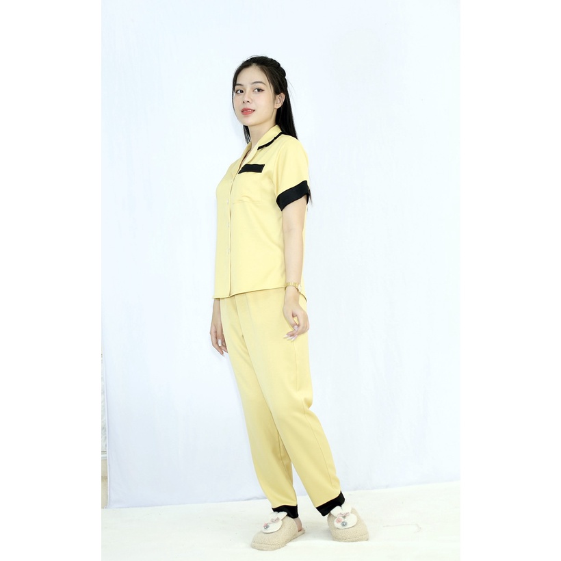 Bộ đồ bộ Pijama màu VÀNG CỔ SAU NHÚN BÈO  tay ngắn quần dài vải lụa tuyết co giãn nhẹ - Thoải Mái Nhẹ Nhàng