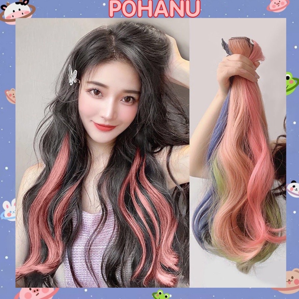 Cặp tóc giả highlight Pohanu kẹp tóc xoăn giả màu hồng bạch kim TG17