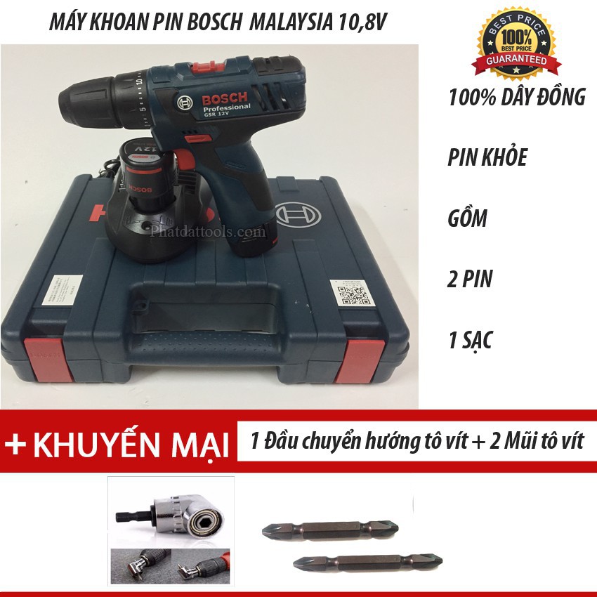 Máy khoan pin Bosch 10.8V Made in Malaysia tặng 1 đầu chuyển hướng và 2 mũi tô vít