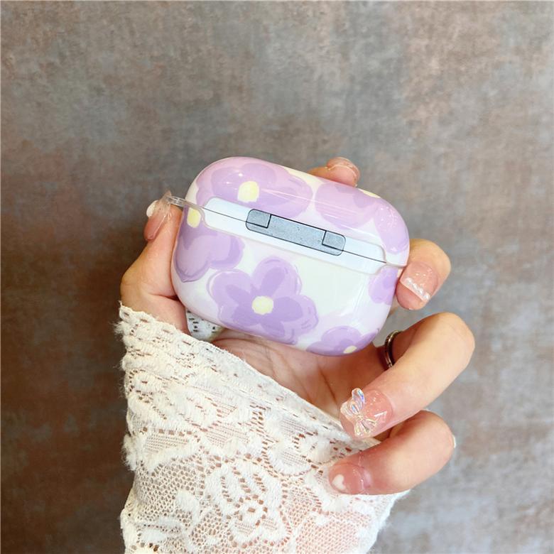 Vỏ cứng bảo vệ hộp sạc tai nghe bluetooth không dây họa tiết hoa tím thích hợp cho Apple 1/2/3