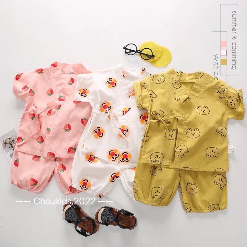 Đồ Bộ Yukata Cho Bé Trai, Bé Gái Vải Thô Mềm Thấm Hút Mồ Hôi Hoạ Tiết Gấu Hoa Quả, Bộ Quần Áo Cho Bé Mặc Hè KW2207