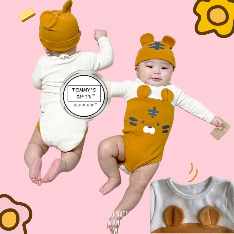 Combo 2 bộ body suit tay cộc hình trâu và hổ ngộ nghĩnh cho bé chất 100% cotton size 3-12kg TE20