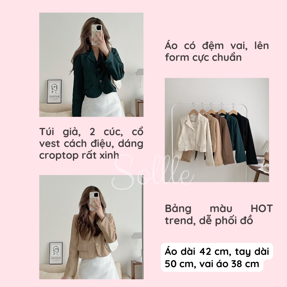 𝗦𝗔𝗟𝗘 Áo vest nữ khoác lửng croptop blazer dài tay trơn nhiều màu có đệm vai Hàn Quốc Sollle