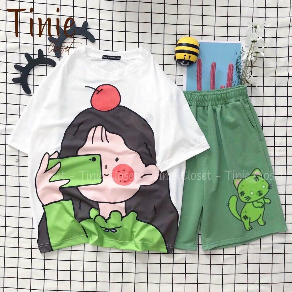Set đồ bộ hoạt hình nam nữ form rộng Unisex Girl Táo Tinie Closet,Áo thun+quần đùi Freesize Đẹp