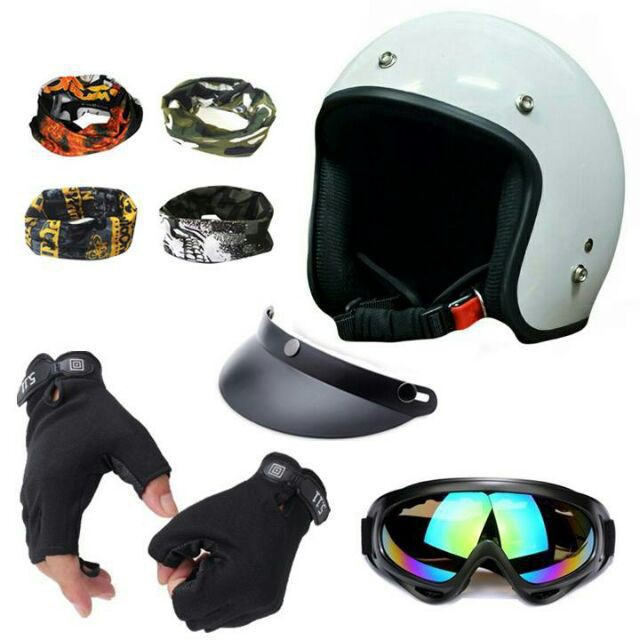 Combo 5 Món Mũ Bảo Hiểm 3/4 Kèm Kính + Găng Tay - Mũ Nhựa ABS Độ Bền Cao BH 6 Tháng Sử Dụng