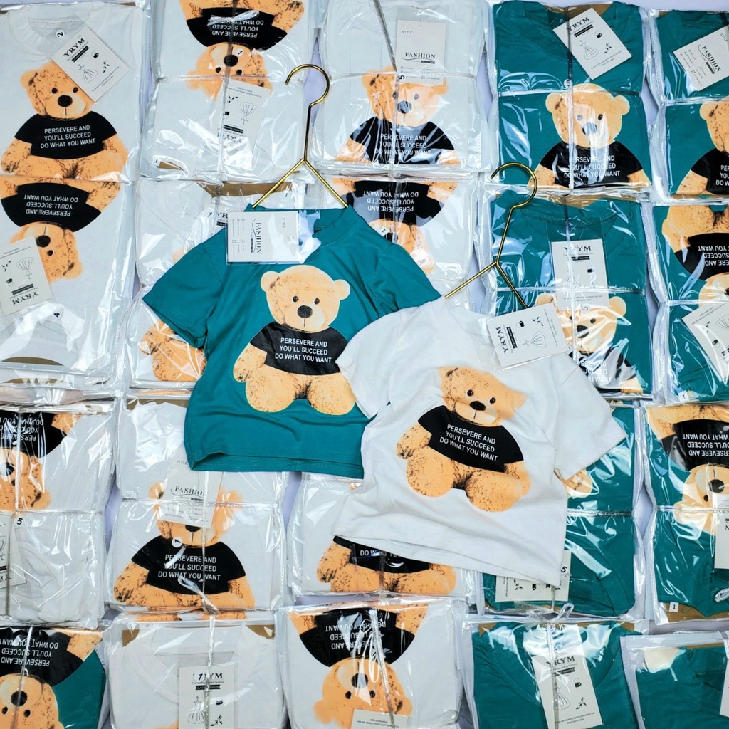 AP05- Áo Phông Gấu 2 Màu Xanh, Trắng   Cool ngầu  -  Hot 2022 Cho Bé Trai, Bé Gái