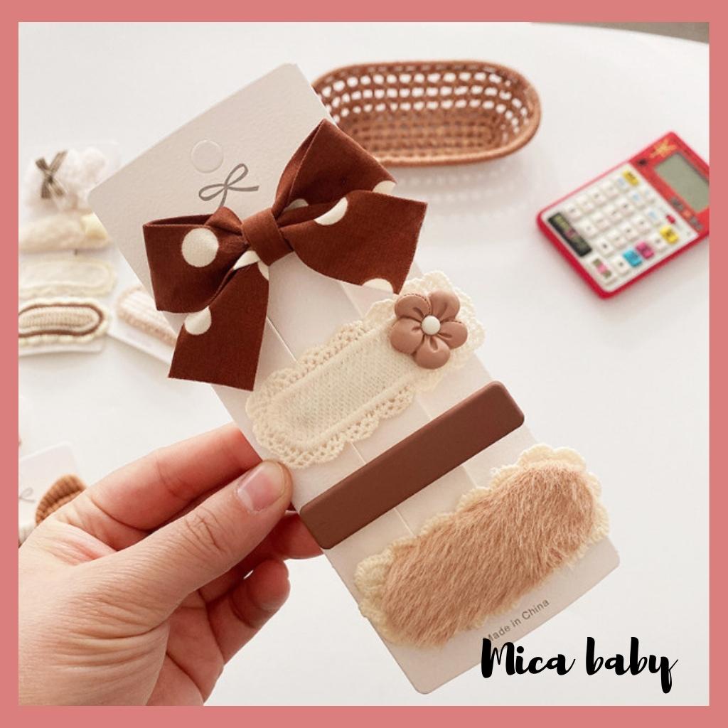 Set kẹp tóc nâu họa tiết dễ thương cho bé gái KT32 Mica Baby