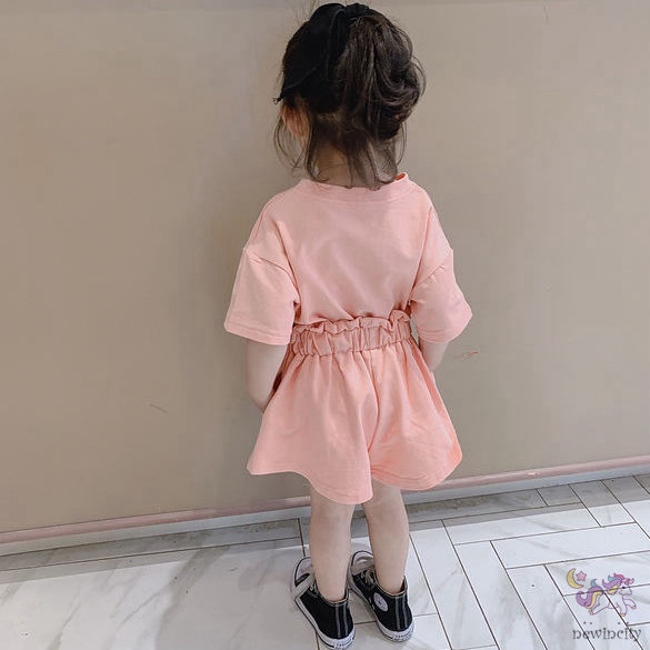 Set Áo Thun Tay Ngắn &amp; Quần Short Cotton In Hoạt Hình Phong Cách Hàn Quốc Cho Bé Gái