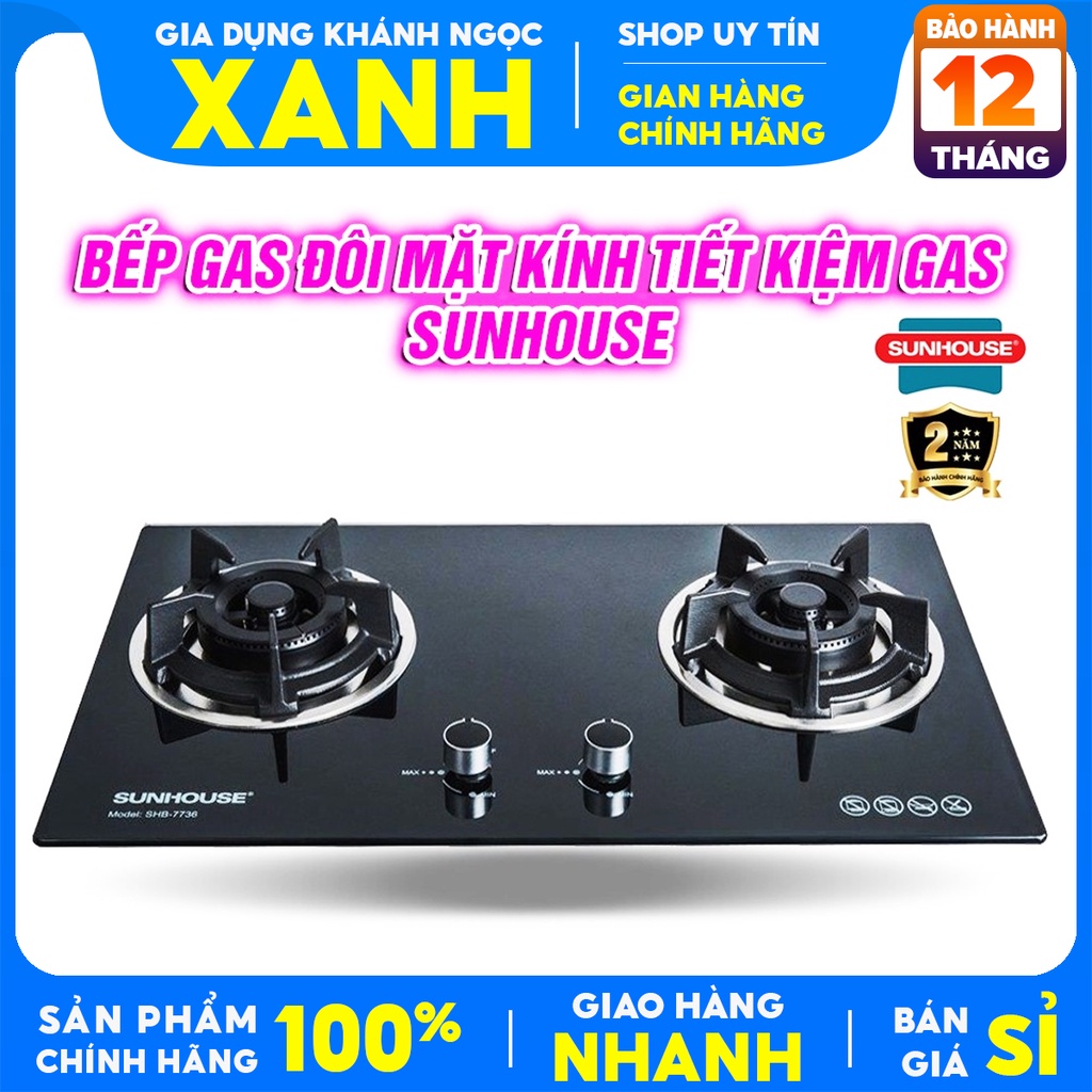 Bếp gas âm kính Sunhouse SHB7736 Chính Hãng trưng bày+Tặng Van Dây gas-Đánh lửa IC-Ngắt ga tự động-BH 24 tháng
