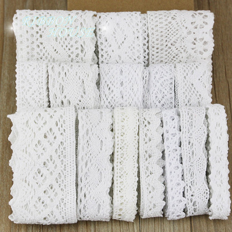 Cuộn Dây Cotton Ren Trắng Thêu Trang Trí Thủ Công Dài 5m