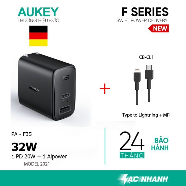 COMBO SẠC CÁP IPHONE 12 AUKEY PA-F3S VÀ CB-CL1