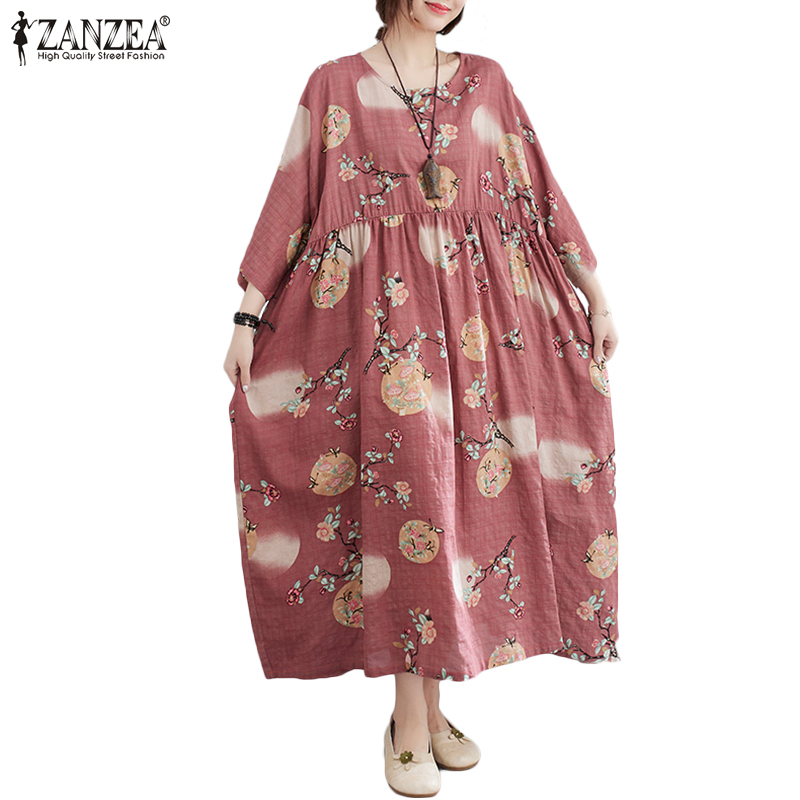 Đầm Maxi Retro ZANZEA Tay Dài In Họa Tiết Vintage Cho Nữ Mặc Thường Ngày