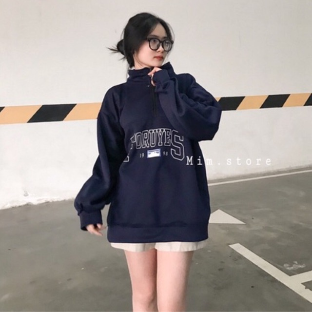Áo nỉ cổ khoá xanh than unisex