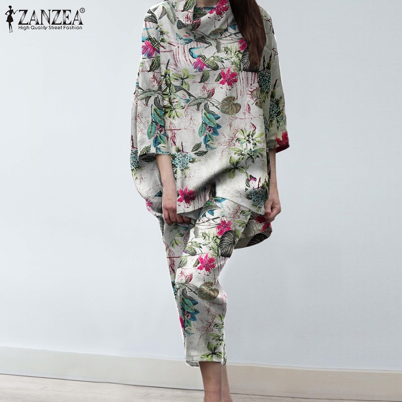 Bộ đồ ZANZEA gồm áo cổ lọ họa tiết hoa và quần ống rộng lưng thun thời trang Châu Âu dành cho bạn nữ