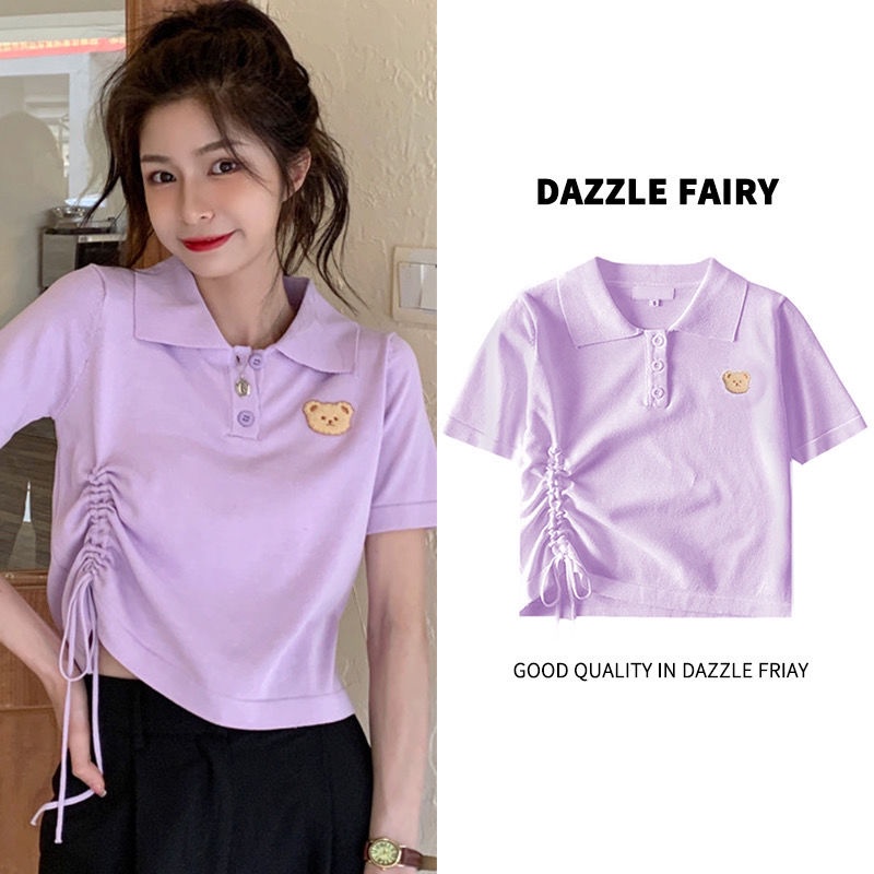 Áo Thun Tay Ngắn Cổ polo Phối Dây Rút In Hình Gấu Dễ Thương Cho Nữ JL-TX-266