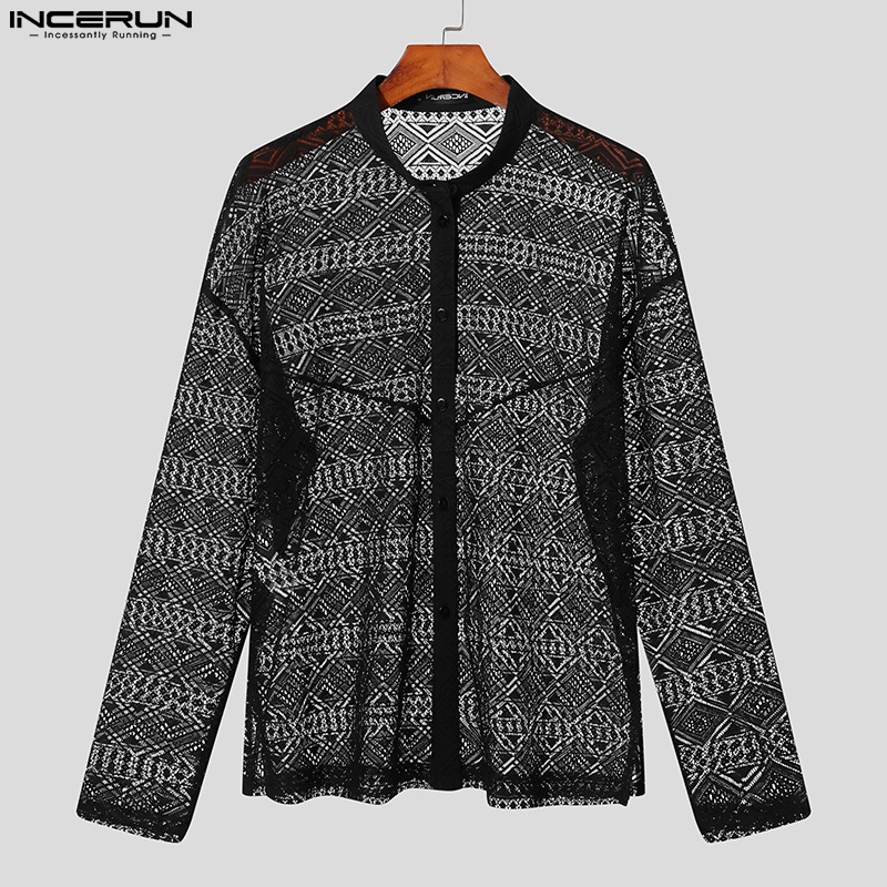 INCERUN Áo Sơ Mi Tay Dài Phối Lưới Thiết Kế Lỗ Thời Trang Cho Nam