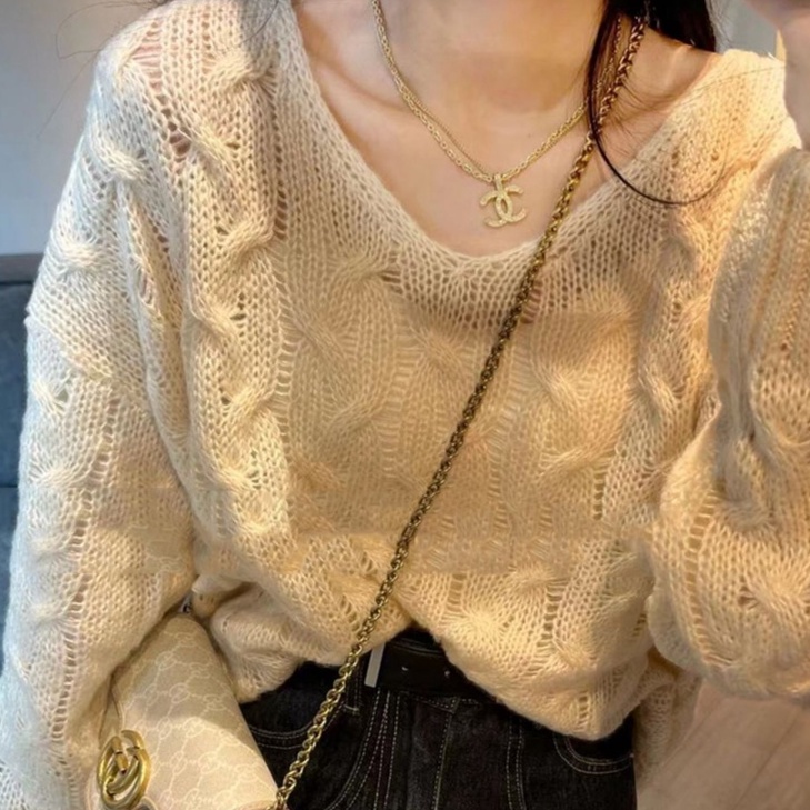 ZHELIHANGFEI Áo Len Tay Dài Cổ Chữ V Form Rộng Dễ Phối Đồ