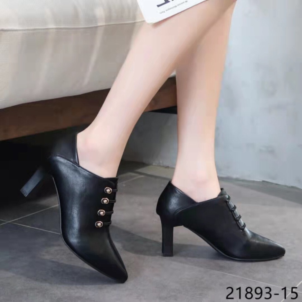 Giày bốt thời trang nữ QC ❤️FREESHIP❤️ Boots thấp cổ giả dây co giãn da mềm mũi nhọn gót 7cm 21893-15