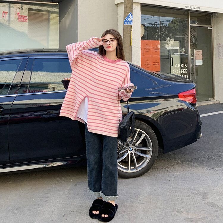 Áo len ZHELIHANGFEI dáng rộng họa tiết sọc thời trang
