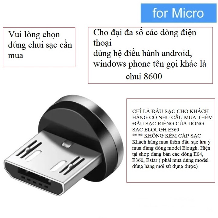 Đầu Cáp Sạc Lightning, MicroUSB, Type C Mua Rời Của Dòng Cáp Nam Châm Elough E360 Hàng Chính Hãng