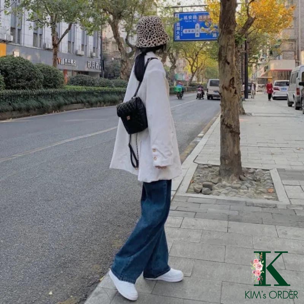 Quần jean nữ xanh đậm ống suông lưng cao phong cách Ulzzang Hàn Quốc thời trang chất liệu denim đi làm đi học đi chơi