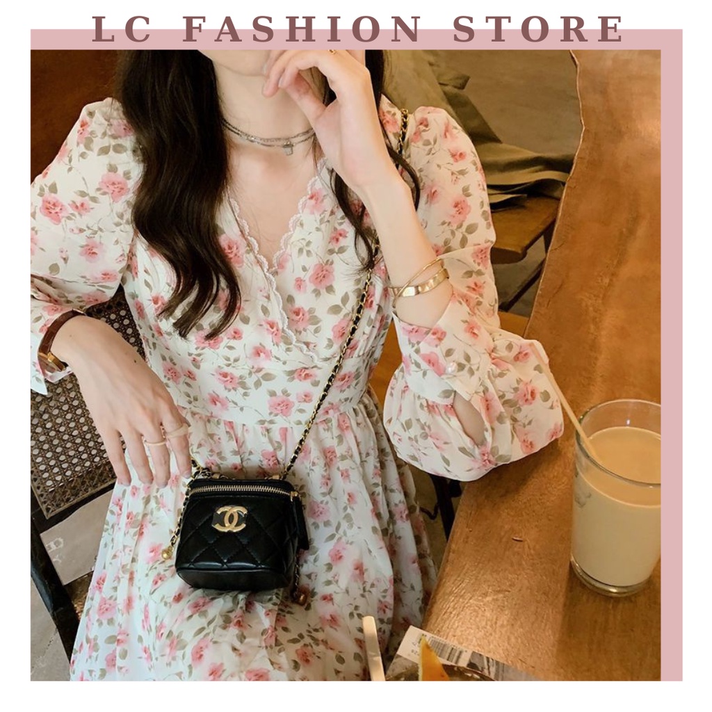 V14 Váy đầm hoa hồng tiểu thư viền ren cổ điển LC Fashion Store