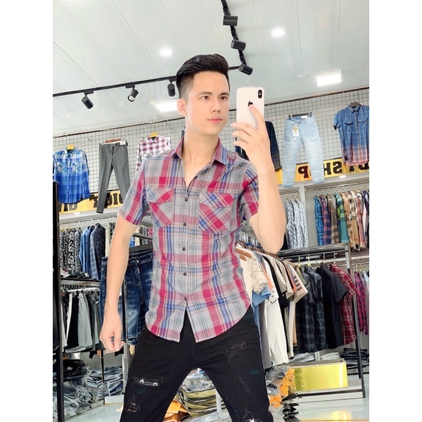 Áo sơ mi nam bbr ngắn tay kẻ sọc caro 2 túi ngực