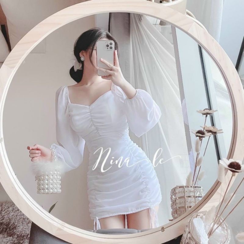 Đầm body nhún rút dây trắng tay phồng dài mút ngực